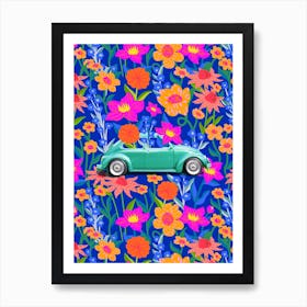 Floral Vintage Turquoise Car Art Print