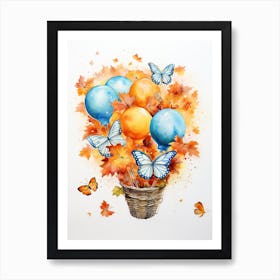 Butterfly Flying With Autumn Fall Pumpkins And Balloons Watercolour Nursery 1 Art Print