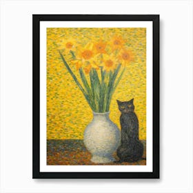 Daffodils With A Cat 1 Pointillism Style Art Print