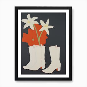 A Painting Of Cowboy Boots With White Flowers, Pop Art Style 12 Art Print