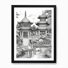 Drawing Of A Dog In Shanghai Botanical Garden, China In The Style Of Black And White Colouring Pages Line Art 02 Art Print