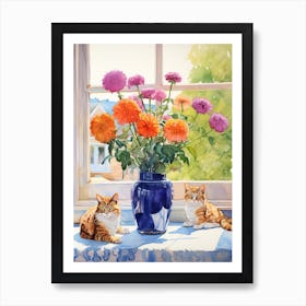 Cat With Marigold Flowers Watercolor Mothers Day Valentines 2 Art Print