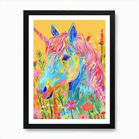 Colourful Unicorn Folky Floral Fauvism Inspired 3 Art Print