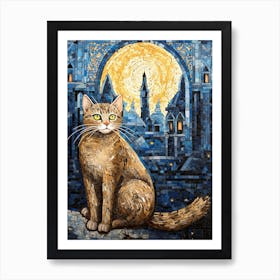 Mosaic Cat At Night With A Medieval City In The Distance Art Print