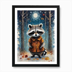 Cottagecore Baby Rocket Raccoon in Autumn Winter Forest - Acrylic Paint Little Fall Raccoon in Shirt with Falling Leaves at Night, Perfect for Witchcore Cottage Core Pagan Tarot Celestial Zodiac Gallery Feature Wall Beautiful Woodland Creatures Series HD Art Print