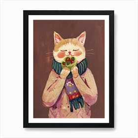 Cute Tan Cat Eating A Salad Folk Illustration 4 Art Print