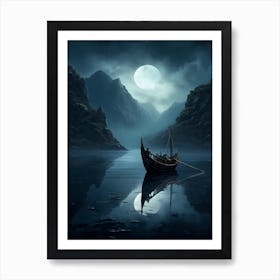 Viking Boat In The Moonlight Art Print