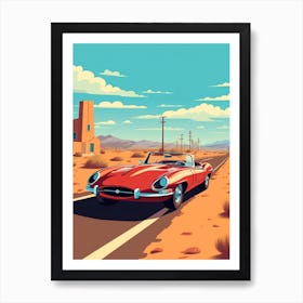 A Jaguar E Type Car In Route 66 Flat Illustration 1 Art Print
