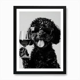 Black Labradoodle And Wine Art Print