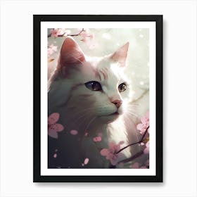 White Cat In Cherry Blossoms Art Print