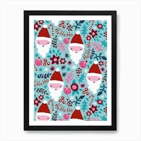 Happy Smiling Santa Faces Red and Pink Winter Botanicals on Blue Art Print