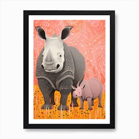 Two Abstract Pink & Orange Rhinos 3 Art Print