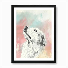 Great Pyrenees Dog Pastel Line Watercolour Illustration  1 Art Print