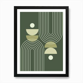 Modern Mid Century Sun, Moon Phases and Rainbow Abstract 31 in Forest Sage Green Art Print