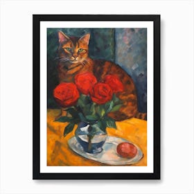 Flower Vase Rose With A Cat 4 Impressionism, Cezanne Style Art Print