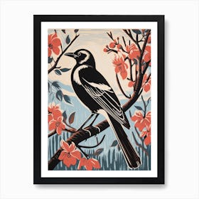 Vintage Bird Linocut Magpie 4 Art Print