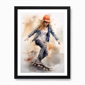 Girl Skateboarding In Copenhagen, Denmark Watercolour 1 Art Print