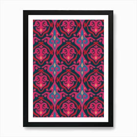 JAVA Boho Ikat Woven Texture Style in Exotic Red Pink Blue on Dark Teal Blue Art Print