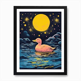 Linocut Style Duckling In The Lake Under The Moonlight 4 Art Print