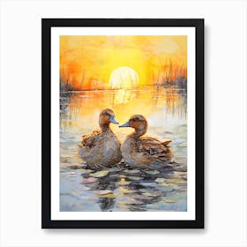 Sunset Ducks Mixed Media Collage 3 Art Print