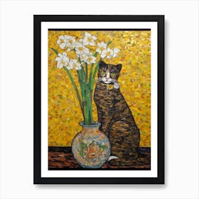 Daffodils With A Cat 2 Art Nouveau Klimt Style Art Print