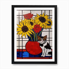 Daisies With A Cat 4 De Stijl Style Mondrian Art Print