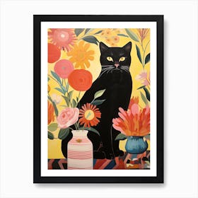 Camellia Flower Vase And A Cat, A Painting In The Style Of Matisse 1 Art Print