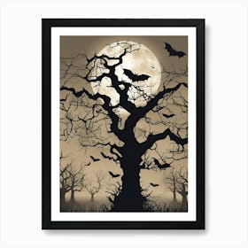 Full Moon & Bats Wall Art, Halloween Decor Art Print