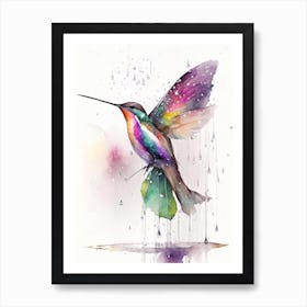 Hummingbird In Rain Cute Neon Art Print