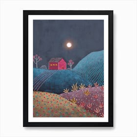 Midnight Landscape And Red House Art Print