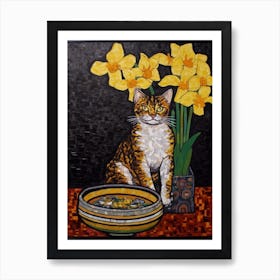 Daffodils With A Cat 3 Art Nouveau Klimt Style Art Print
