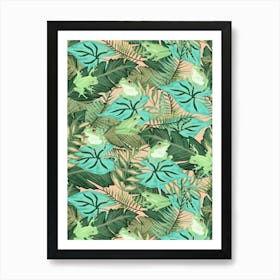 Hiding Tropical Tree Frogs in Green Foliage on Pastel Peach Art Print