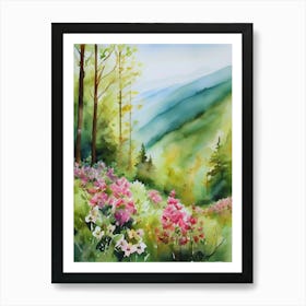 Smoky Mountains Painting, Spring Flowers, Watercolor Art, Appalachian Mountain Landscape Wall Art, Mountain Forest Print..181 Art Print