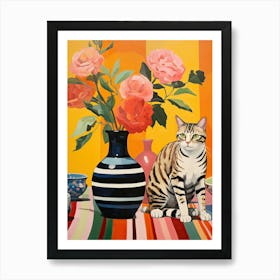 Rose Flower Vase And A Cat, A Painting In The Style Of Matisse 1 Art Print