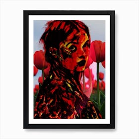 Abstract Woman Portrait with Red Tulips Art Print