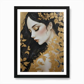 In the Style of Gustav Klimt - Beautiful Woman in Gold Leaf Wearing Back Showing Dress and Flowers, Similar to The Kiss, Tears, Portrait of Adele Bloch, Judith, Fräulein Lieser and Famous Replica Artworks - Perfect For Aesthetic Luxury Gallery Wall or Feature HD 1 Art Print