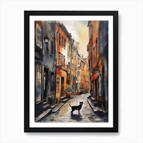 Painting Of Copenhagen Denmark With A Cat In The Style Of Watercolour 1 Art Print