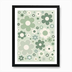 Retro Flowers Sage Green Art Print