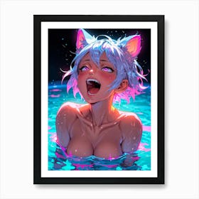 In an anime oasis, a hentai neko beckons — her sexy cat cosplay invites you into an erotic pool of neon joy fantasy. Art Print