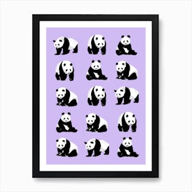 Panda Bears Pattern on Lilac Purple Art Print