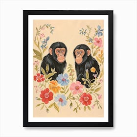 Folksy Floral Animal Drawing Chimpanzee 6 Art Print