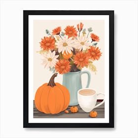 Pitcher With Sunflowers, Atumn Fall Daisies And Pumpkin Latte Cute Illustration 4 Art Print