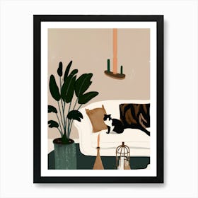 Boho Living Room With A Black Cat Art Print