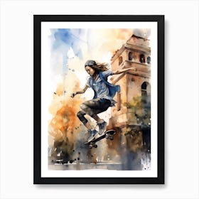 Girl Skateboarding In Malmö, Sweden Watercolour 1 Art Print