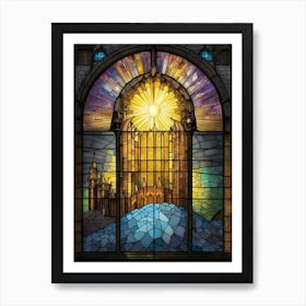 Stained Glass Window Artistic Light Sunrays Scene Castle Art Print