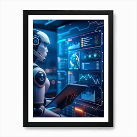 Realistic Rendering Of A Female Robot With A Futuristic Design, Analyzing Data On Large Screens Art Print