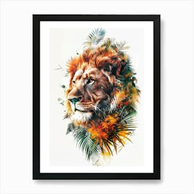 Double Exposure Realistic Lion With Jungle 16 Art Print