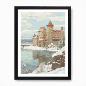 Vintage Winter Illustration Trakai Castle Lithuania 1 Art Print