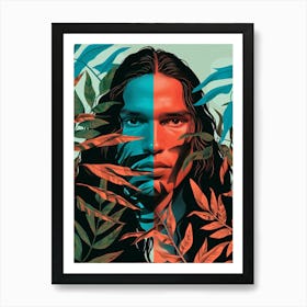 Man With Long Hair And Leaves Art Print