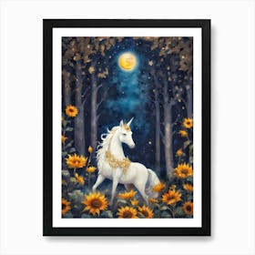 Blessed Lammas - Lucky White Unicorn - Pagan Fae Creatures by Sarah Valentine with Sunflowers and Full Moon Art Print